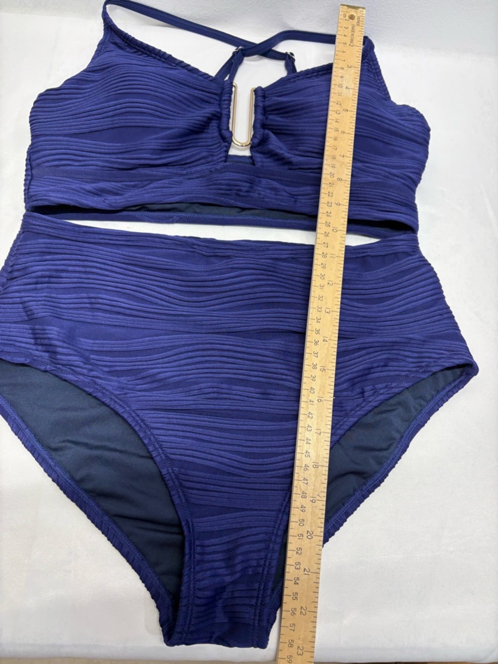 Navy Textured High-Waist Bikini Set with U-wire Detail cut out swimsuit Large - Picture 7 of 8